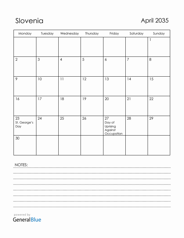 April 2035 Slovenia Calendar with Holidays (Monday Start)