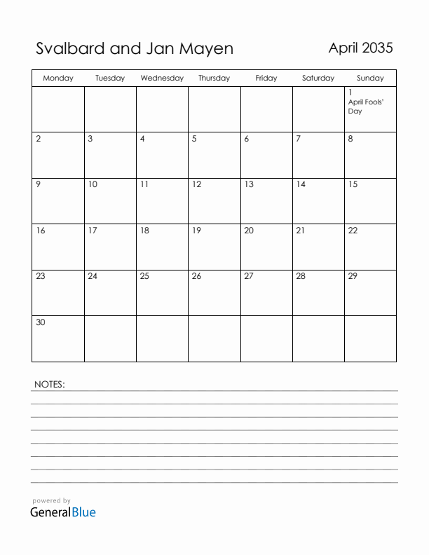 April 2035 Svalbard and Jan Mayen Calendar with Holidays (Monday Start)