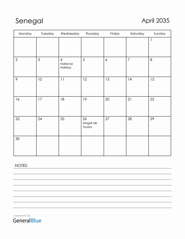April 2035 Senegal Calendar with Holidays (Monday Start)