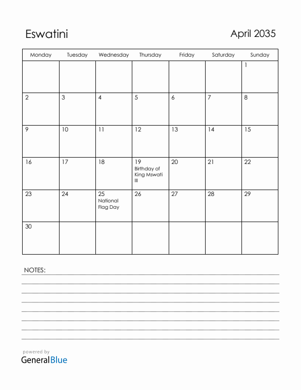 April 2035 Eswatini Calendar with Holidays (Monday Start)