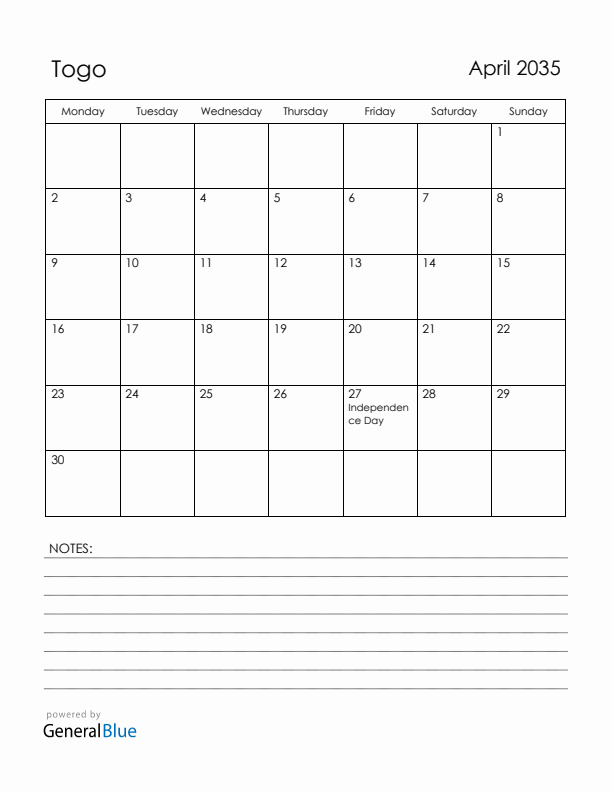 April 2035 Togo Calendar with Holidays (Monday Start)