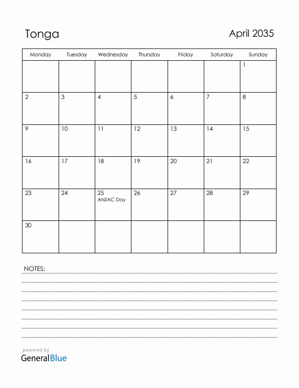 April 2035 Tonga Calendar with Holidays (Monday Start)