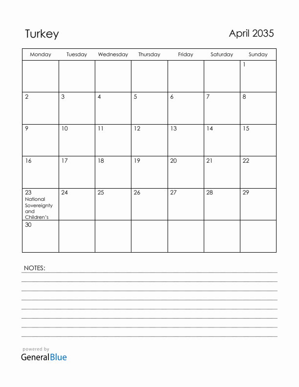 April 2035 Turkey Calendar with Holidays (Monday Start)