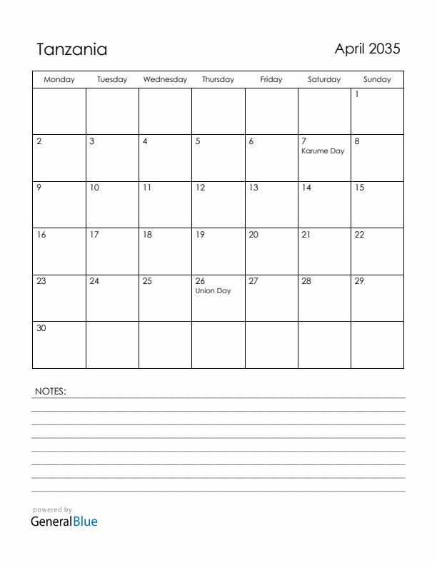 April 2035 Tanzania Calendar with Holidays (Monday Start)