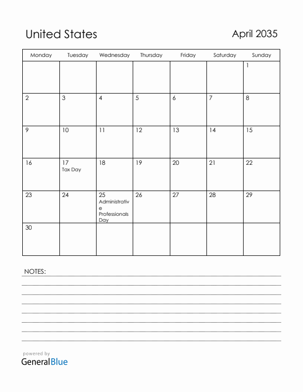 April 2035 United States Calendar with Holidays (Monday Start)
