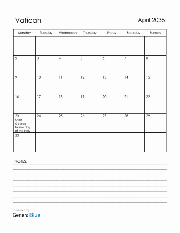 April 2035 Vatican Calendar with Holidays (Monday Start)