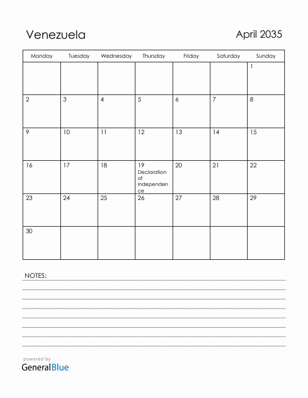 April 2035 Venezuela Calendar with Holidays (Monday Start)
