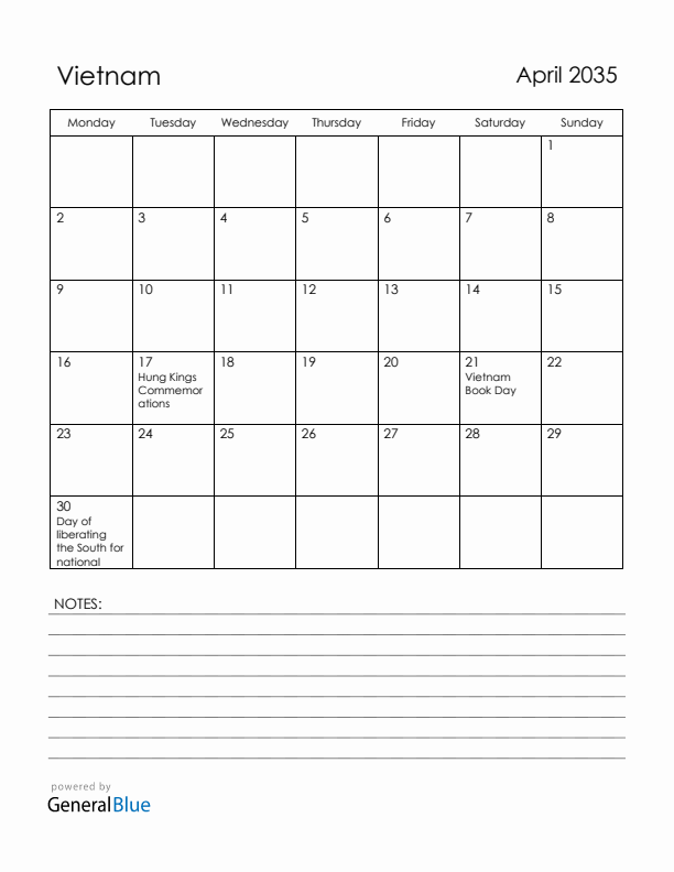 April 2035 Vietnam Calendar with Holidays (Monday Start)