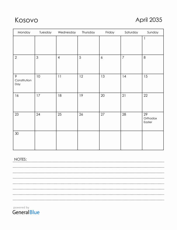 April 2035 Kosovo Calendar with Holidays (Monday Start)