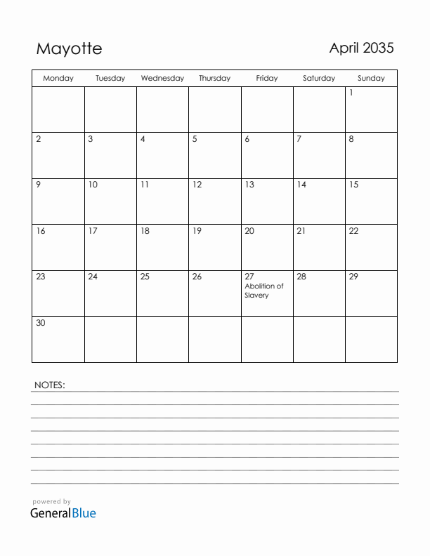 April 2035 Mayotte Calendar with Holidays (Monday Start)