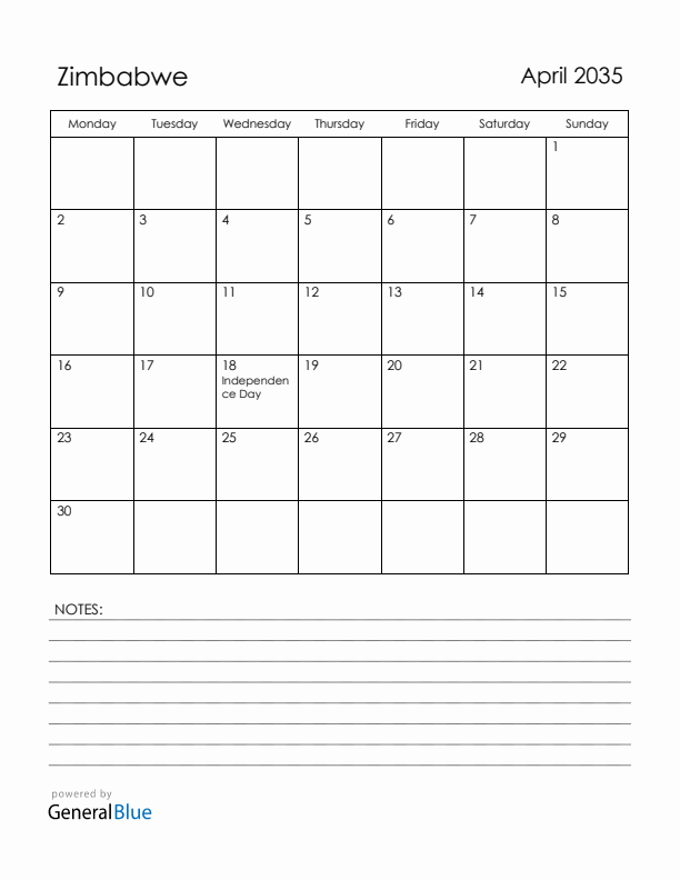 April 2035 Zimbabwe Calendar with Holidays (Monday Start)