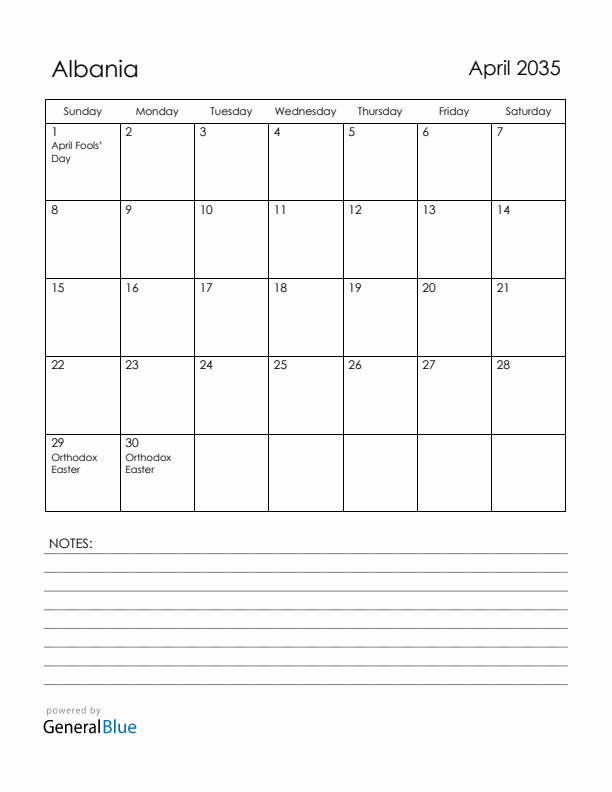April 2035 Albania Calendar with Holidays (Sunday Start)