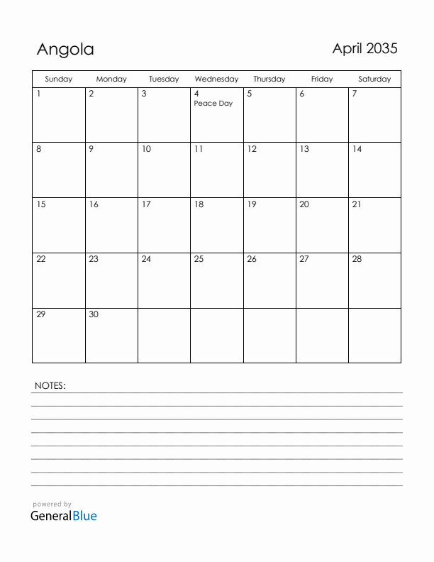 April 2035 Angola Calendar with Holidays (Sunday Start)