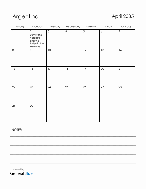 April 2035 Argentina Calendar with Holidays (Sunday Start)