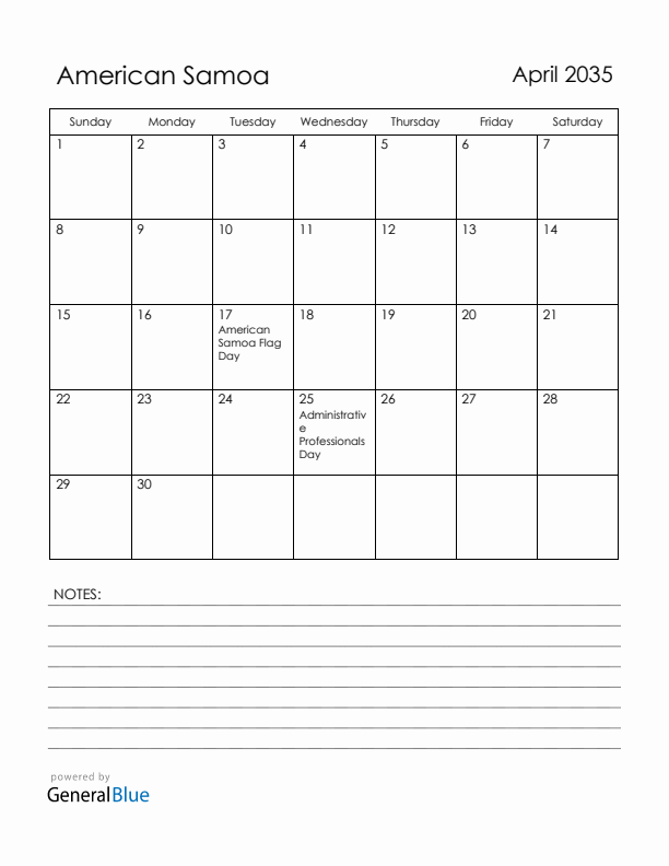 April 2035 American Samoa Calendar with Holidays (Sunday Start)