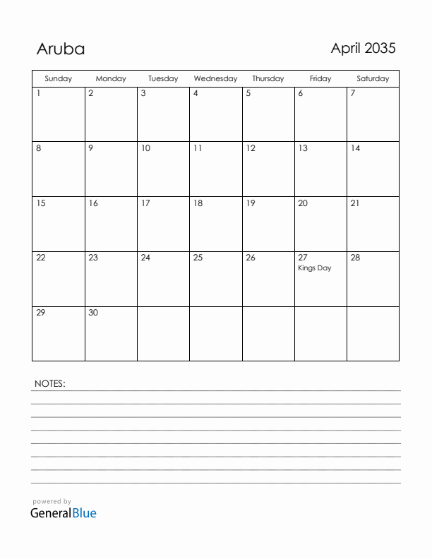April 2035 Aruba Calendar with Holidays (Sunday Start)