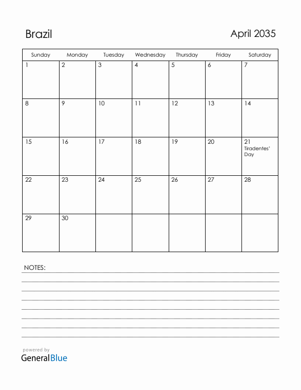 April 2035 Brazil Calendar with Holidays (Sunday Start)