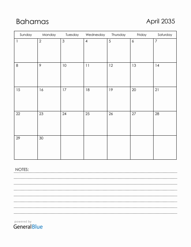 April 2035 Bahamas Calendar with Holidays (Sunday Start)