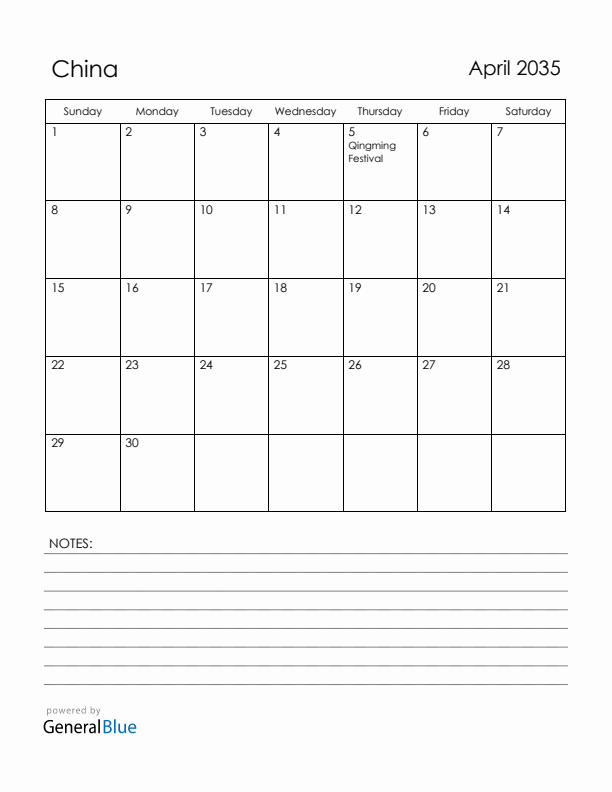 April 2035 China Calendar with Holidays (Sunday Start)