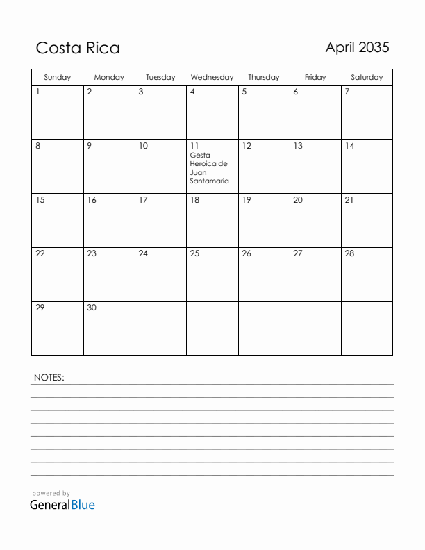 April 2035 Costa Rica Calendar with Holidays (Sunday Start)