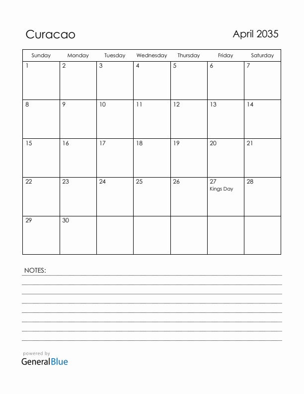 April 2035 Curacao Calendar with Holidays (Sunday Start)