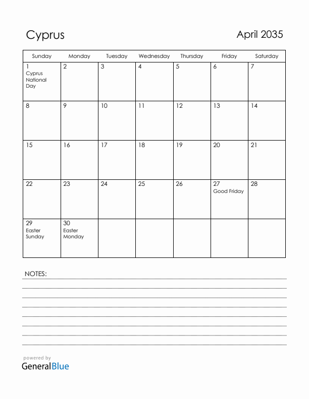 April 2035 Cyprus Calendar with Holidays (Sunday Start)