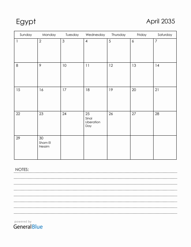 April 2035 Egypt Calendar with Holidays (Sunday Start)