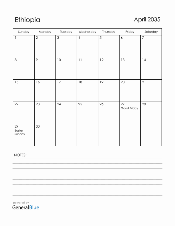 April 2035 Ethiopia Calendar with Holidays (Sunday Start)