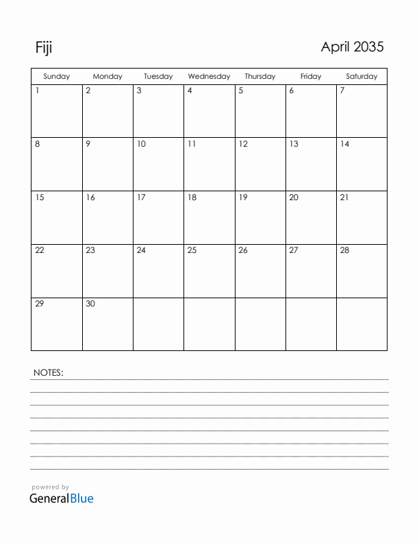 April 2035 Fiji Calendar with Holidays (Sunday Start)
