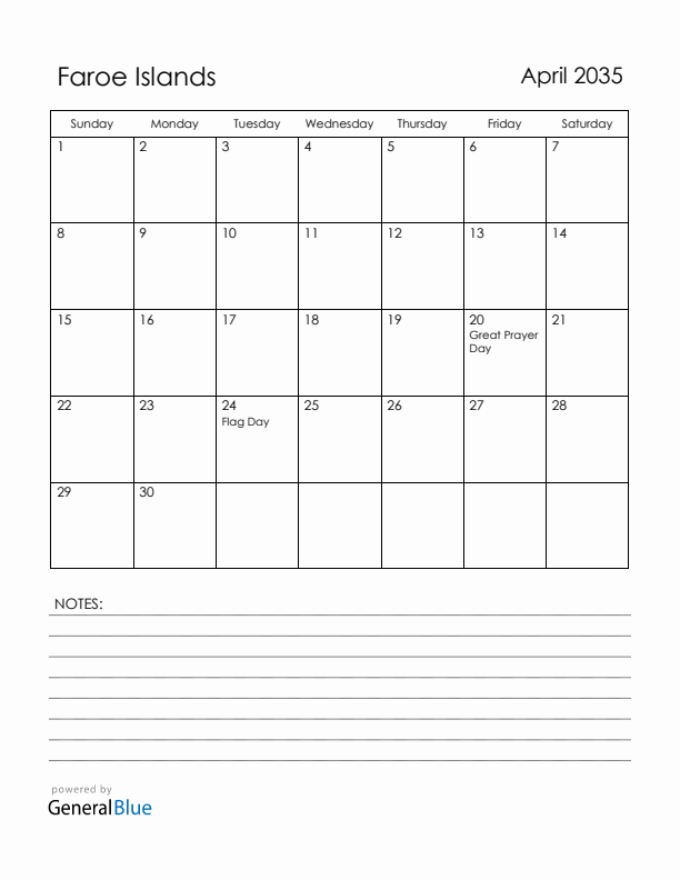 April 2035 Faroe Islands Calendar with Holidays (Sunday Start)