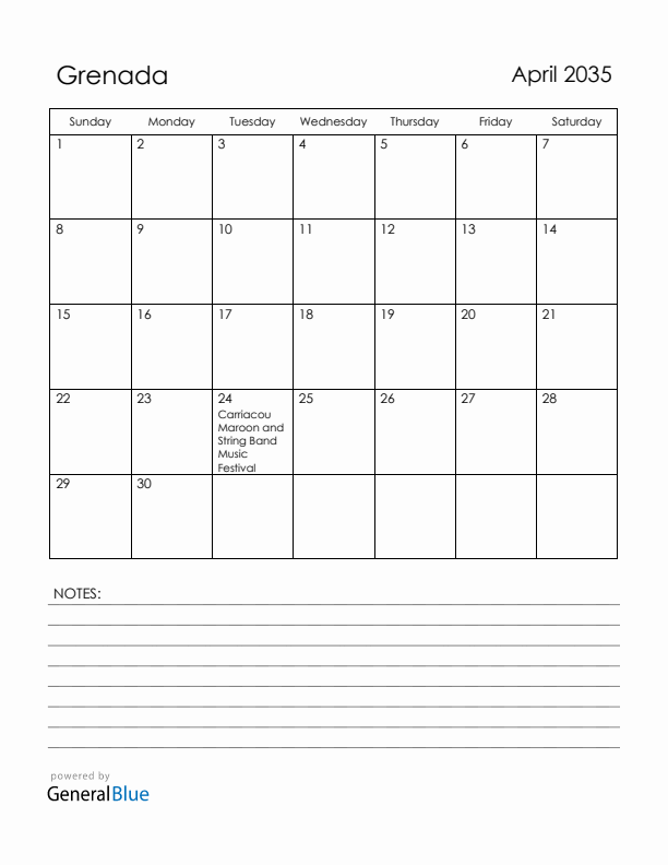 April 2035 Grenada Calendar with Holidays (Sunday Start)