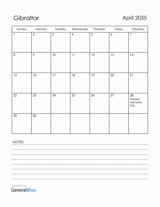 April 2035 Gibraltar Calendar with Holidays (Sunday Start)
