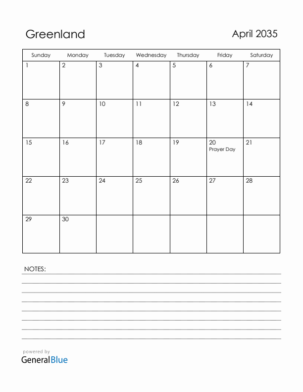 April 2035 Greenland Calendar with Holidays (Sunday Start)