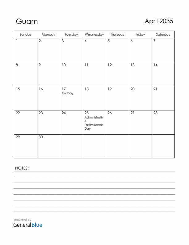 April 2035 Guam Calendar with Holidays (Sunday Start)