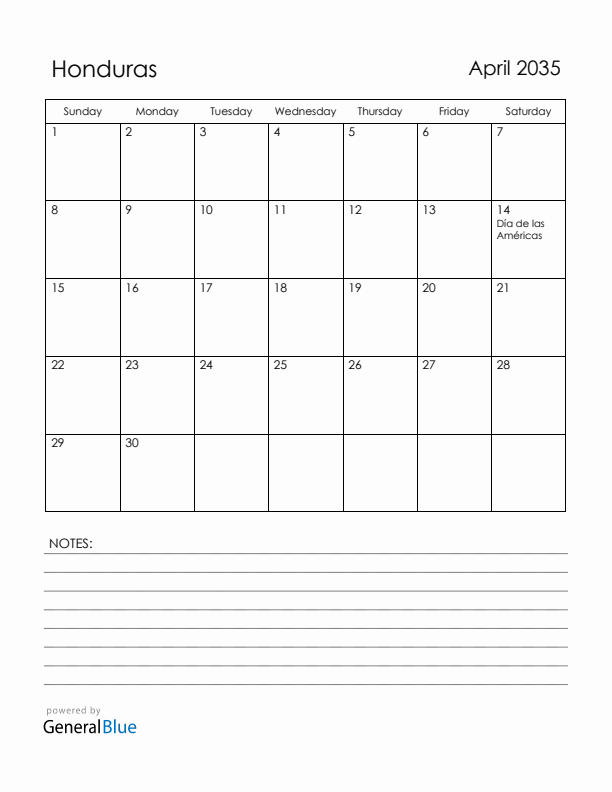 April 2035 Honduras Calendar with Holidays (Sunday Start)