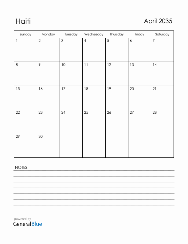 April 2035 Haiti Calendar with Holidays (Sunday Start)