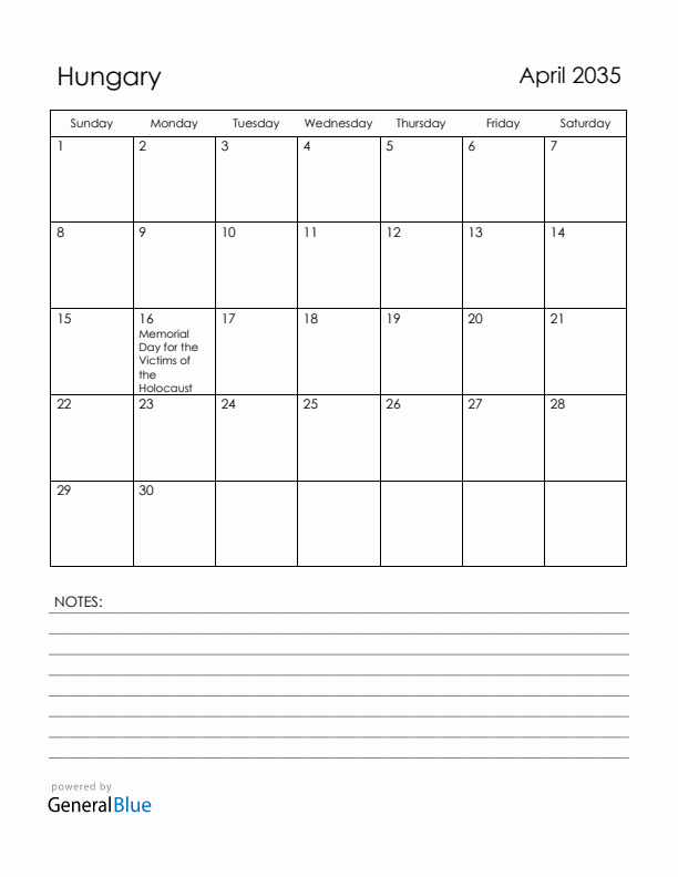 April 2035 Hungary Calendar with Holidays (Sunday Start)