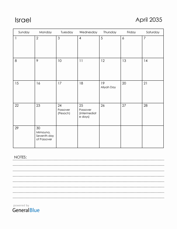 April 2035 Israel Calendar with Holidays (Sunday Start)