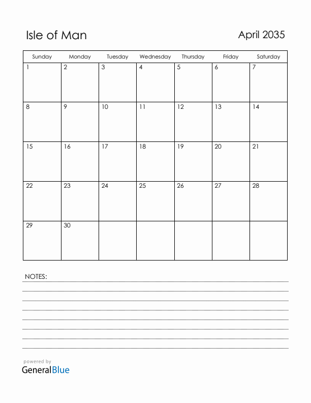 April 2035 Isle of Man Calendar with Holidays (Sunday Start)