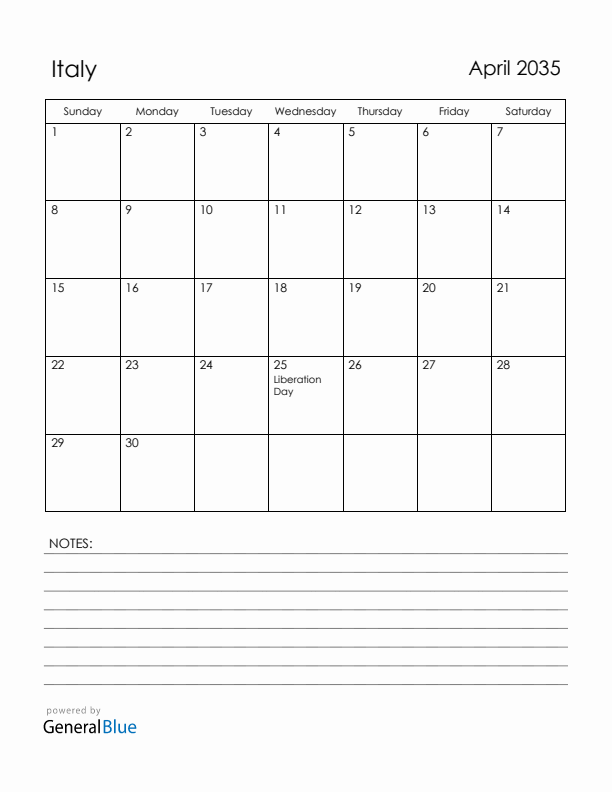 April 2035 Italy Calendar with Holidays (Sunday Start)