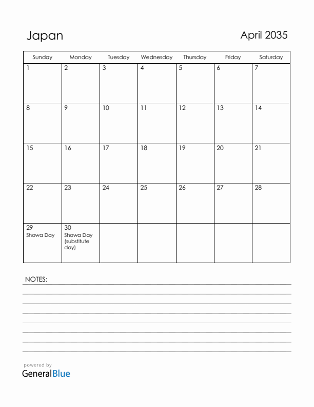 April 2035 Japan Calendar with Holidays (Sunday Start)