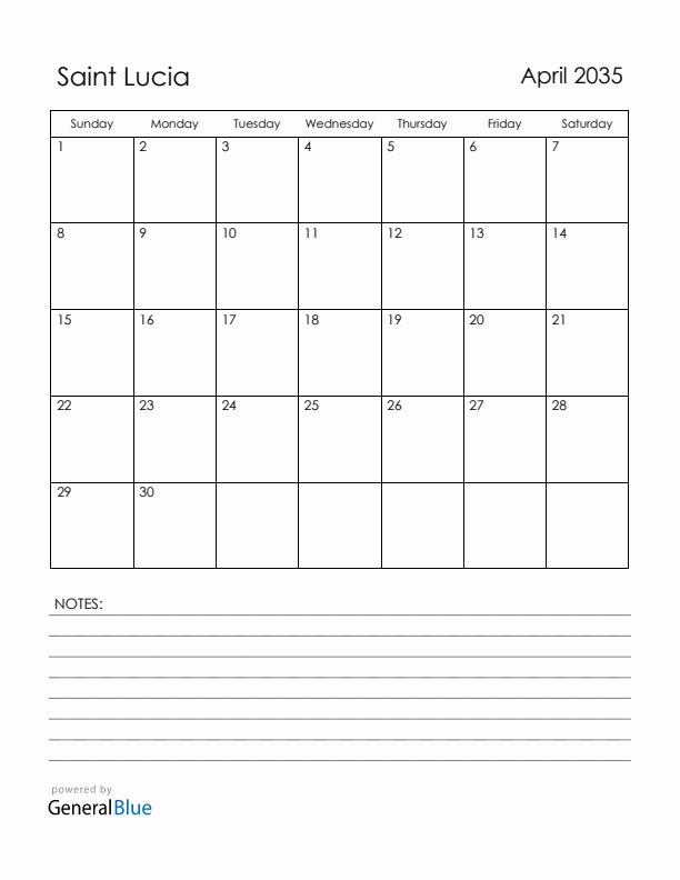 April 2035 Saint Lucia Calendar with Holidays (Sunday Start)