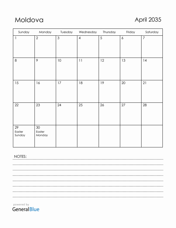 April 2035 Moldova Calendar with Holidays (Sunday Start)