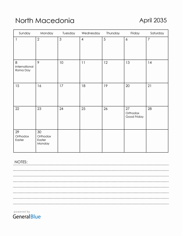 April 2035 North Macedonia Calendar with Holidays (Sunday Start)