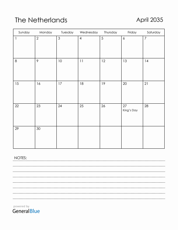 April 2035 The Netherlands Calendar with Holidays (Sunday Start)