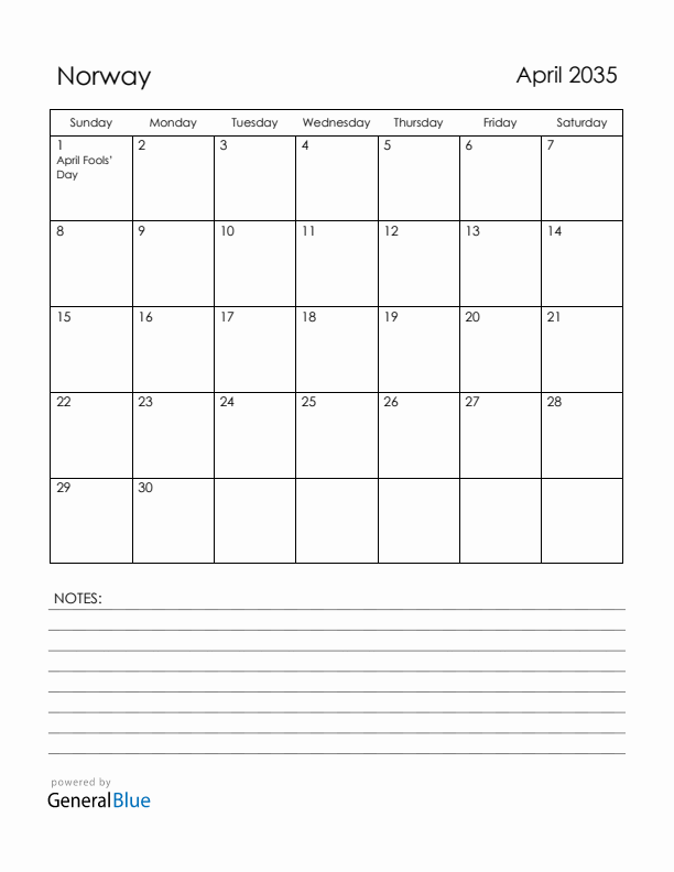 April 2035 Norway Calendar with Holidays (Sunday Start)