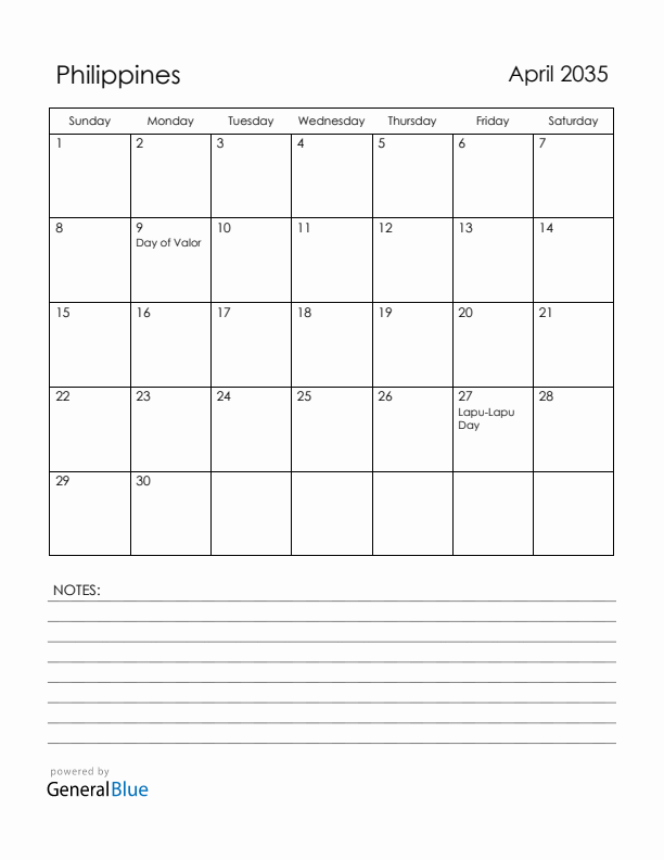 April 2035 Philippines Calendar with Holidays (Sunday Start)