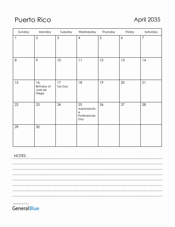 April 2035 Puerto Rico Calendar with Holidays (Sunday Start)