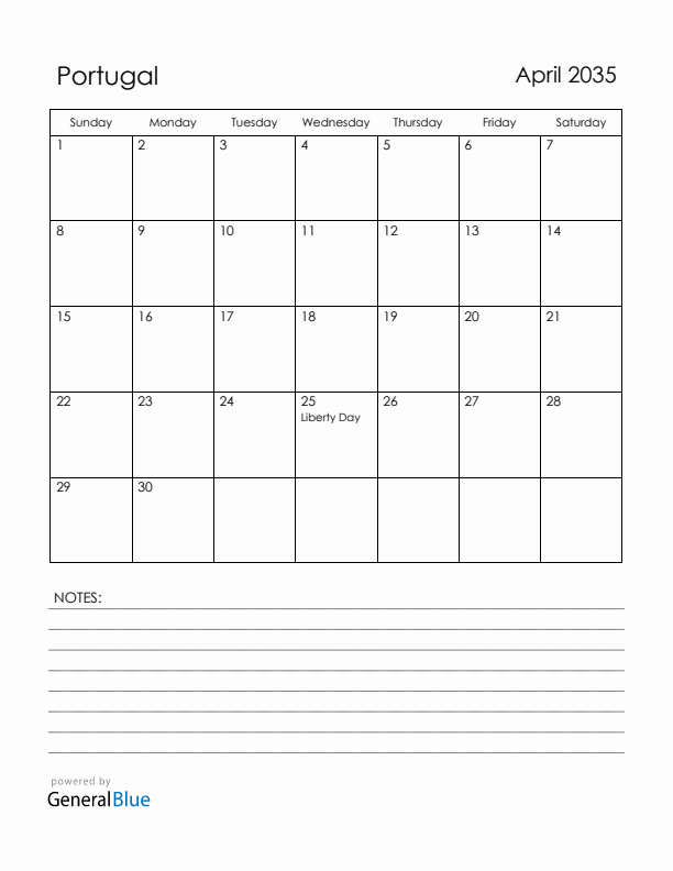 April 2035 Portugal Calendar with Holidays (Sunday Start)
