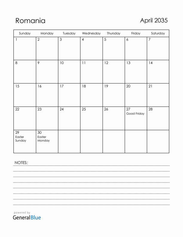 April 2035 Romania Calendar with Holidays (Sunday Start)